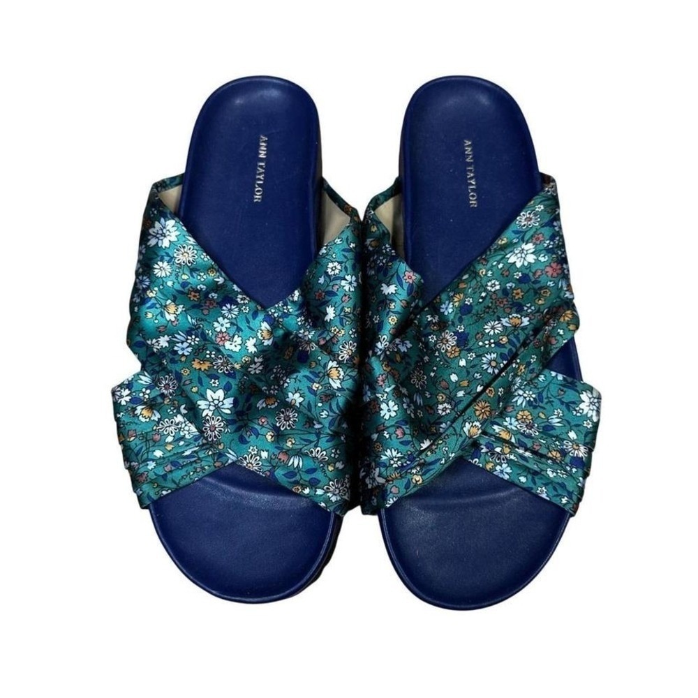 Ann Taylor Women's Floral Slide Sandals Navy Blue Green Floral Print Size 8.5